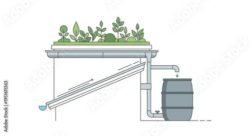 Diagram illustrating a sustainable rainwater harvesting system for irrigation and gardening, collecting water in a barrel.