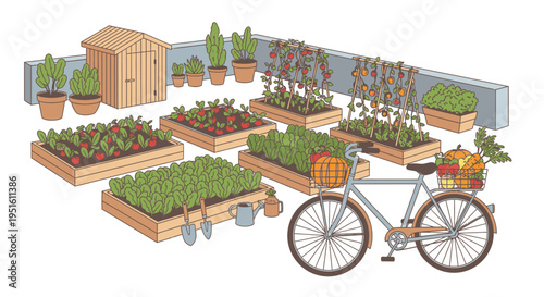 Urban rooftop garden illustration with raised beds, fresh vegetables, gardening tools, and a bicycle promoting sustainable living and healthy food.