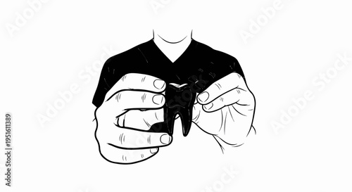 Hands holding a dark tooth illustration