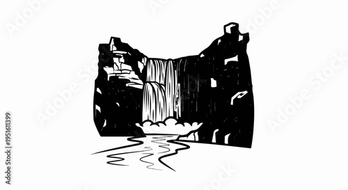 Stylized depiction of a powerful waterfall cascading over rocks into a winding river