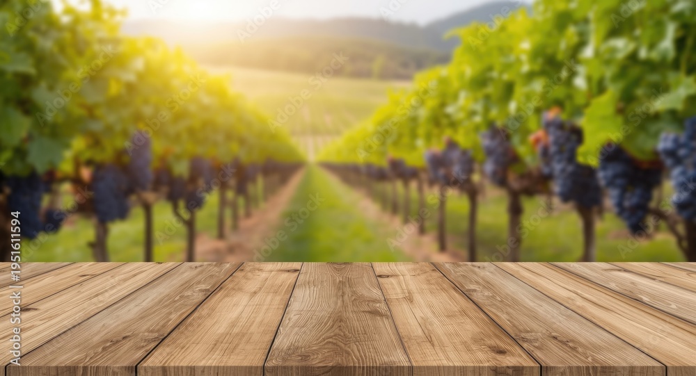 Fototapeta premium Rustic wooden tabletop with blurred grape clusters and vineyard backdrop for wine display