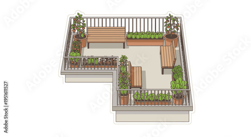 Isometric rooftop garden design with potted plants, wooden benches, and a table. Ideal for urban green living, sustainable architecture, and outdoor relaxation.