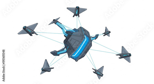 Futuristic technological structure with connected drones in a complex network.