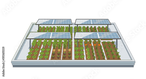 Eco-friendly modern rooftop farm with integrated solar panels for sustainable urban agriculture, green food production, and city sustainability.