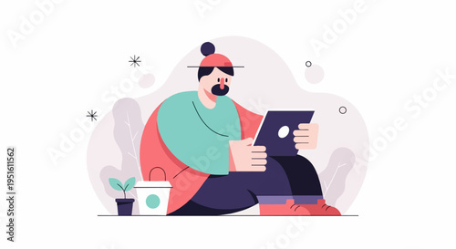 Minimalist person using a tablet with a small plant and cup nearby