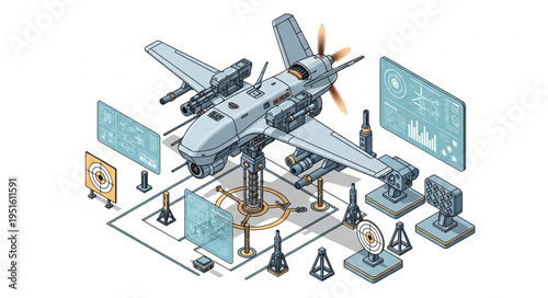 Isometric view of a military drone with advanced technology and weaponry.