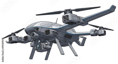 Detailed aerial drone with multiple rotors and advanced technology for surveillance and photography.