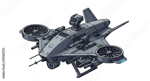 Futuristic military drone with advanced weaponry and powerful propulsion systems for aerial combat.
