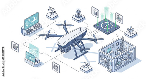 Drone technology illustration showcasing advanced aerial surveillance and data collection capabilities.
