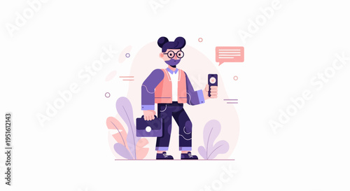 Flat character with briefcase and phone, amidst abstract shapes and foliage