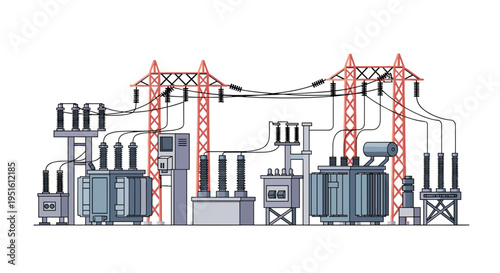 An electrical substation with grey transformers and red lattice towers is depicted against a white background.
