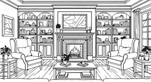 Coloring vector illustration of a cozy living room book page