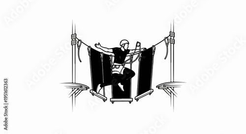 Person navigating a challenging obstacle course suspended in the air