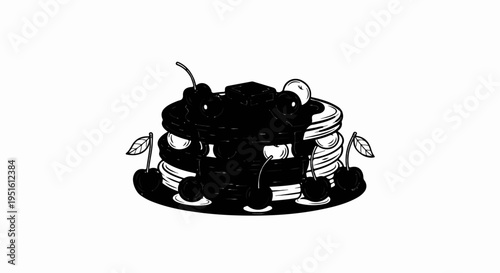 Delicious stack of pancakes with chocolate sauce, cherries and a square topping