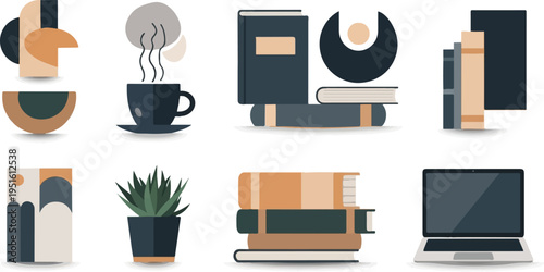 Flat design icons abstract art, coffee cup, stacked books, potted plant, and laptop