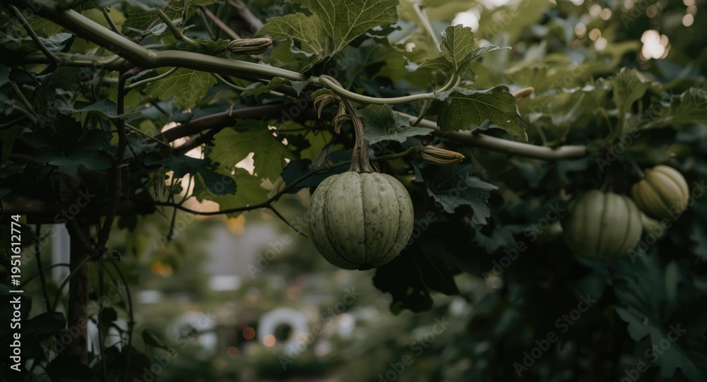Fototapeta premium A serene outdoor scene featuring a vine bearing ripe green pumpkins