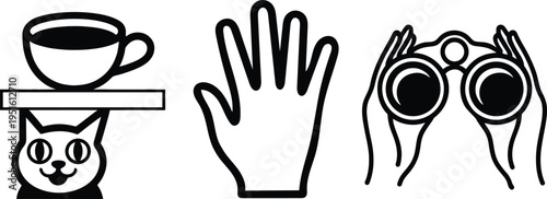 Collection of simple black and white vector icons representing a cat holding a coffee cup a hand and binoculars