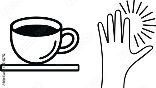 Close up of a black line art illustration of a coffee cup with dark liquid and a hand with radiating lines indicating a touch or idea concept isolated on transparent background