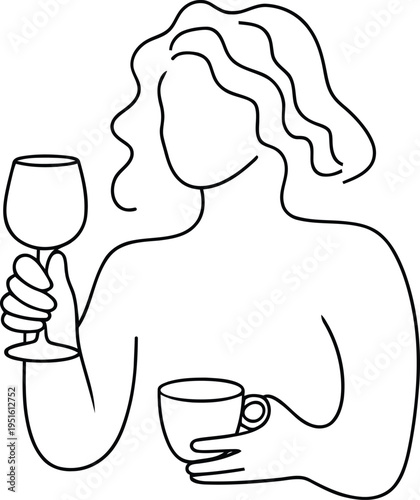Minimalist line art illustration of a woman holding a wine glass and a coffee cup isolated on transparent background