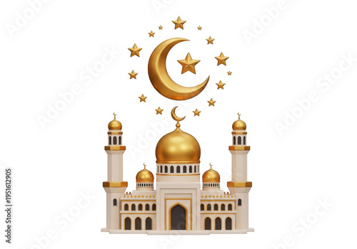 Elegant illustration of a mosque under a crescent moon with stars