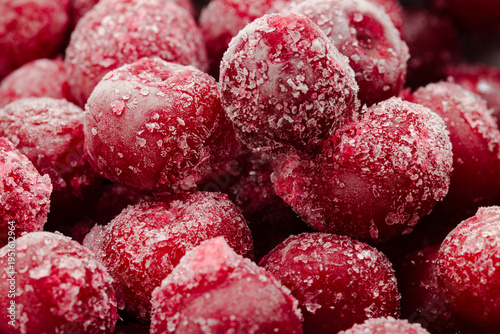 Frozen cherries prepared for winter storage, healthy food preservation concept.