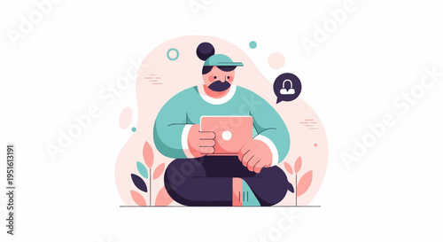 Flat illustration of a person in a cap using a laptop