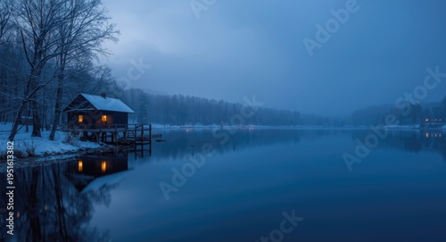 Enchanting blue hour vista featuring a lakeside boathouse on a brilliant winter morning