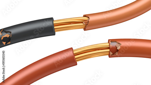 Close up flat vector illustration of copper electrical power cables with black and white insulation for industrial wiring concept.