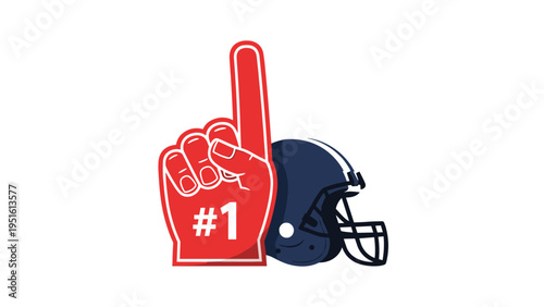 Vibrant red foam finger with number one sign next to a dark blue American football helmet, representing fan support and sports enthusiasm.