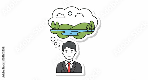 Cartoon businessman thinking about a peaceful natural landscape, symbolizing dreams, imagination, future plans, or environmental concerns.