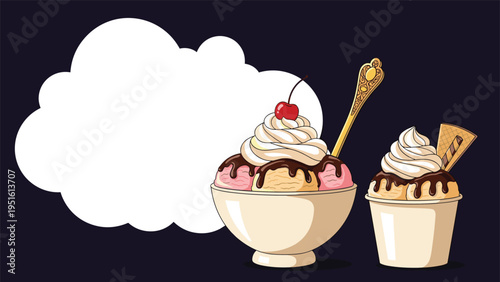 Two delightful ice cream desserts, richly topped and served in bowls, featuring a blank thought cloud for custom messages or promotions.