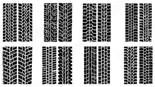 Collection of various grunge tire marks and car tread patterns in black and white, suitable for vehicle-related designs or backgrounds.