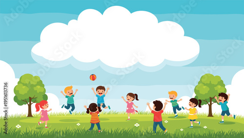 Joyful group of kids having fun and jumping while playing in a sunny park landscape, featuring an empty cloud shape for custom content.