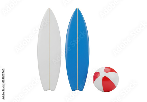 Beach leisure with surfboards and a beach ball on sandy background