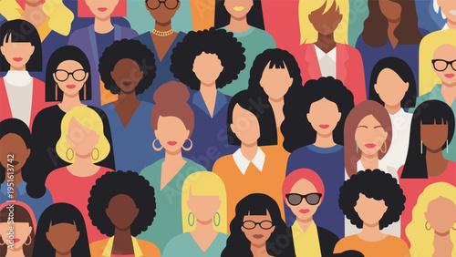 Background illustration showcasing a vibrant and diverse crowd of women, representing female strength, unity, and global sisterhood.