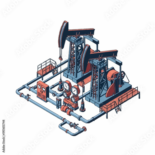Industrial Oil Pump Jacks and Equipment Illustration.