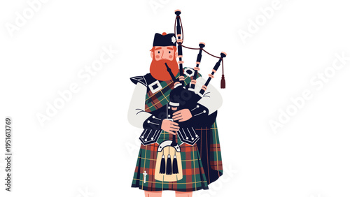 Charming illustration of a bearded Highlander in full traditional Scottish attire, skillfully playing the iconic bagpipes.
