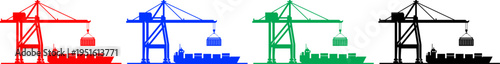 Port crane and ship silhouettes in red blue green and black for industry