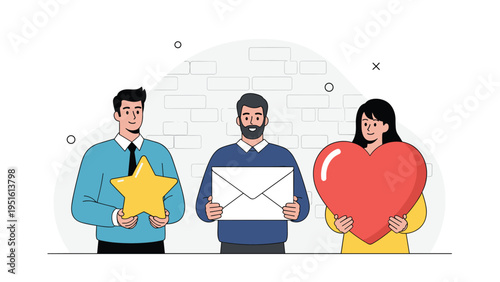 Three individuals, two men and one woman, holding a star, envelope, and heart, symbolizing customer care, mail, and positive feedback.