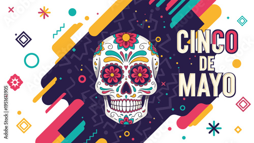 Eye-catching illustration of a beautifully adorned sugar skull, representing the festive spirit of Cinco de Mayo celebration.
