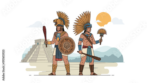 Detailed illustration of two Mesoamerican warriors, adorned in historical regalia, posing before a grand pyramid and sun.