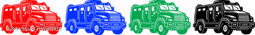Set of armored cars in red blue green and black colors isolated on white background vector