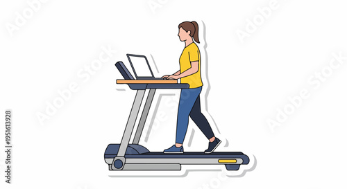 Woman working on laptop while walking on treadmill, concept of healthy lifestyle and remote work