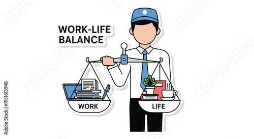 Man balancing work and life on a scale, symbolizing work-life balance and harmony in modern life.