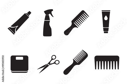 Professional Hair Coloring and Salon Tools Vector Icon Set: Minimalist Flat Silhouette Symbols for Hair Dyeing, Styling, and Hairdressing Equipment.