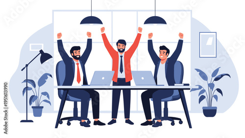 Happy business team celebrating a major achievement in a modern office, showing successful collaboration and project completion.