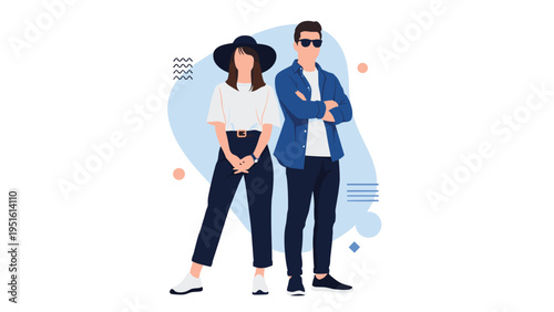 Trendy illustration of a fashionable couple, a man and a woman, posing in cool outfits with sunglasses, embodying style and confidence.