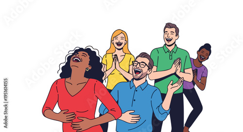 Diverse group of people laughing heartily together, celebrating joy and connection with expressive faces and body language.