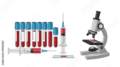 Essential medical supplies for hematology and diagnostic testing, featuring blood-filled tubes, syringes, and a laboratory microscope.