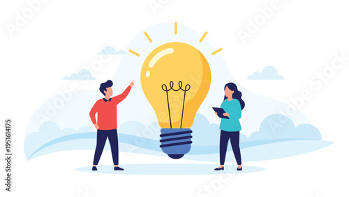 Collaborative illustration of a male and female discussing a brilliant idea next to a large lightbulb, representing inspiration and solutions.